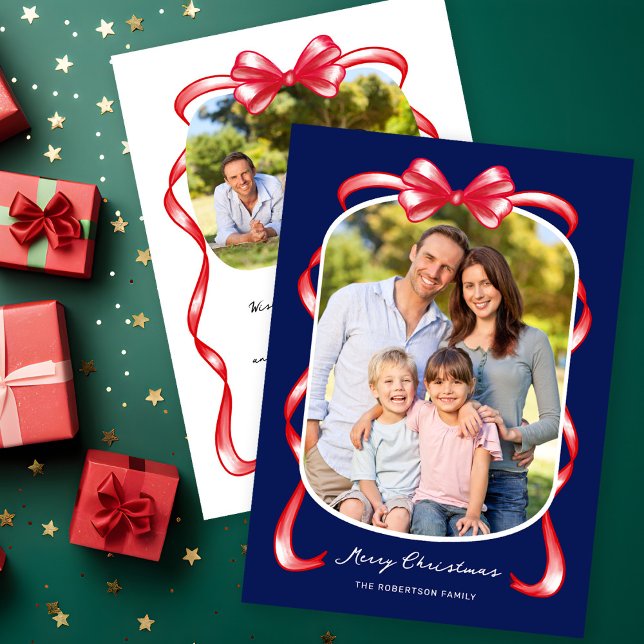 Modern Whimsical Bow Curved 2 Photo Christmas Holiday Card (Creator Uploaded)
