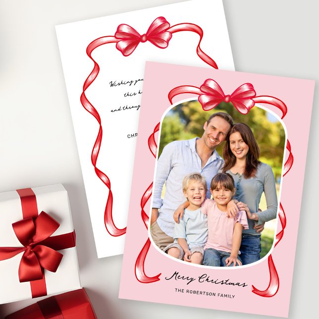 Modern Whimsical Bow Curved Photo Christmas Holiday Card (Creator Uploaded)