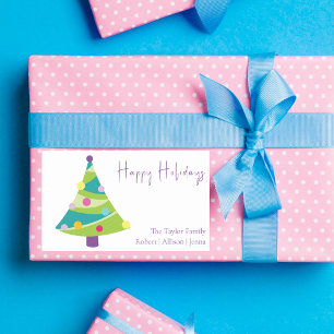 Modern Whimsical Christmas Tree Family Name Rectangular Sticker