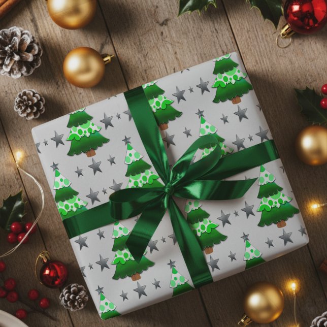 Modern Whimsical Christmas Trees & Silver Stars Wrapping Paper (Add a little whimsy to Christmas with this hand drawn unusual trees and stars wrapping paper.)