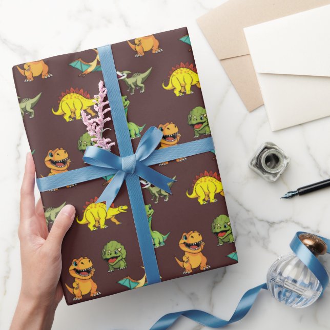 Modern Whimsical Colourful Cartoon Dinosaur Patter Wrapping Paper (Gifting)