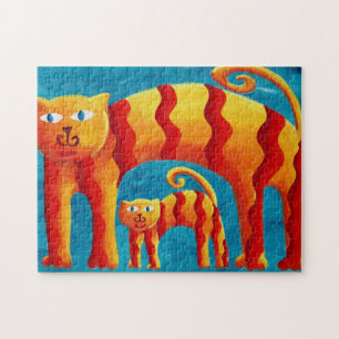 Modern Whimsical Colourful Curved Cat and Kitten Jigsaw Puzzle