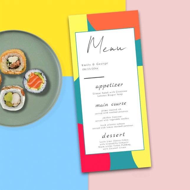 Modern Whimsical Colourful Groovy Abstract Wedding Menu (Creator Uploaded)