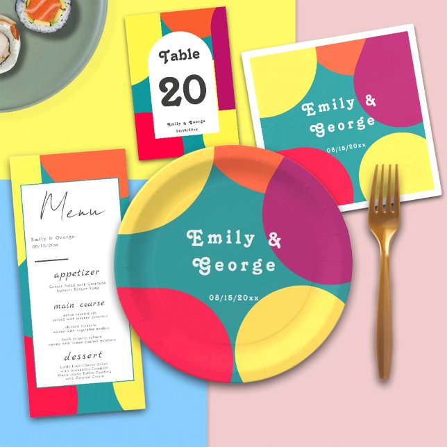Modern Whimsical Colourful Groovy Abstract Wedding Paper Plate (Creator Uploaded)