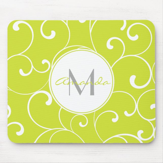 Modern Whimsical Curls Lime Green Monogram Mouse Mat (Front)