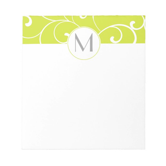 Modern Whimsical Curls Lime Green Monogram Notepad (Front)