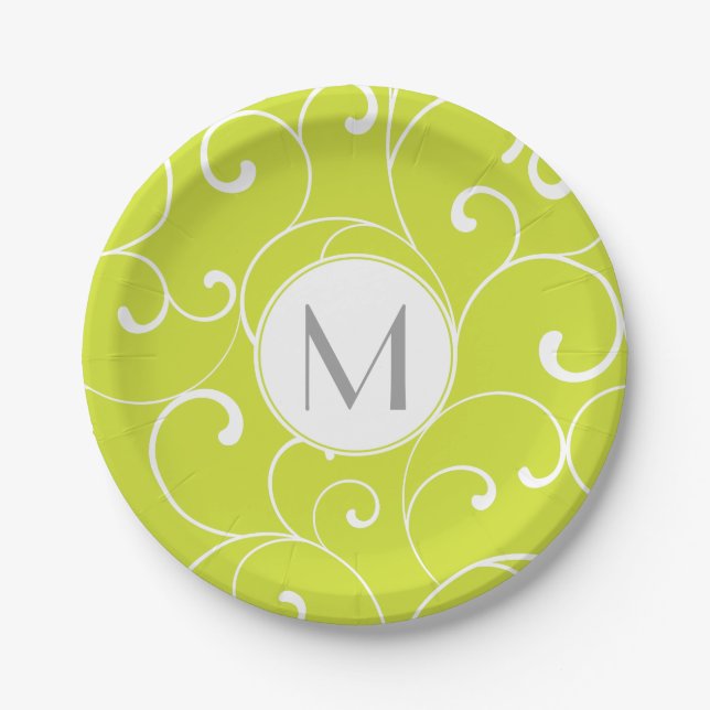 Modern Whimsical Curls Lime Green Monogram Paper Plate (Front)