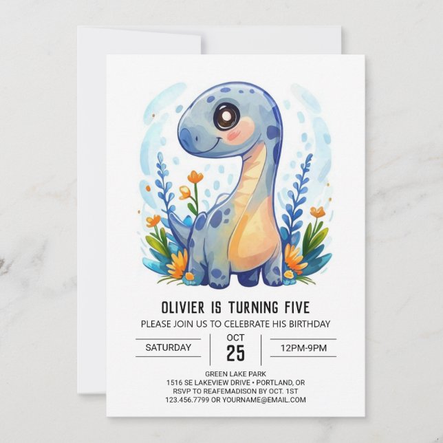  Modern Whimsical Custom Dinosaur Boy Birthday Invitation (Front)