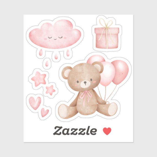 Modern Whimsical Cute Pink Watercolor Teddy Bear  (Sheet)