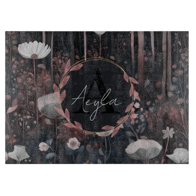 Modern Whimsical Elegant Wildflowers Monogram Cutting Board (Front)