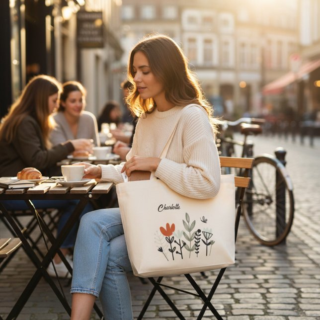 Modern Whimsical Floral Personalised Name Large Tote Bag (Creator Uploaded)