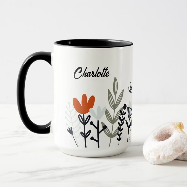 Modern Whimsical Floral Personalised Name Mug (With Donut)