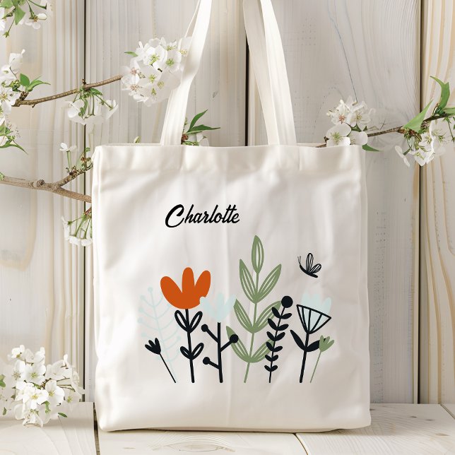 Modern Whimsical Floral Personalized Name Tote Bag (Creator Uploaded)