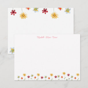 Modern Whimsical Flowers Pink Yellow Girly Note Thank You Card