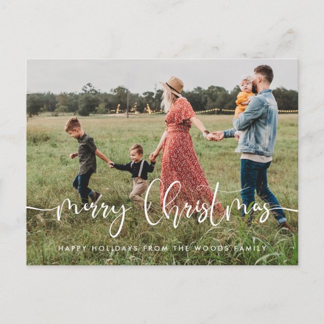 Modern whimsical font Merry Christmas family photo Postcard (Front)