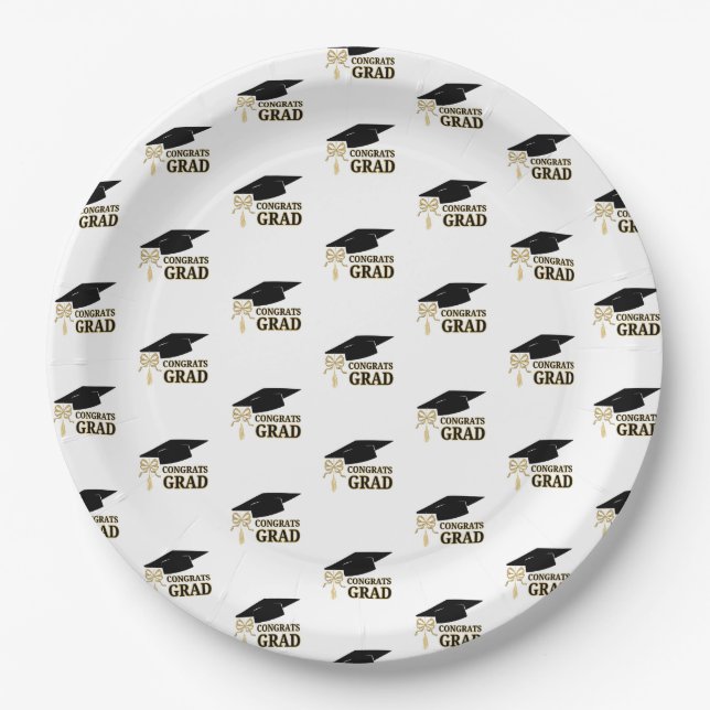Modern Whimsical Gold Black Graduation Cap Paper Plate (Front)