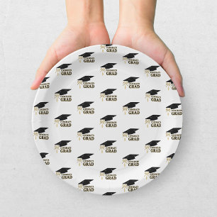 Modern Whimsical Gold Black Graduation Cap Paper Plate