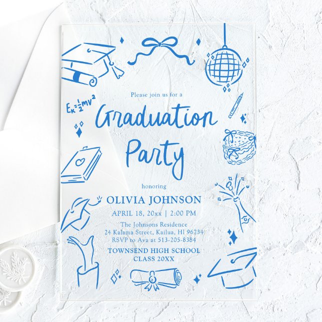 Modern Whimsical Hand Drawn Blue Graduation Party Acrylic Invitations (Modern Whimsical Hand Drawn Blue Graduation Party Acrylic Invitations)