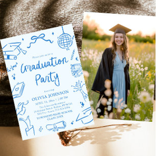 Modern Whimsical Hand Drawn Blue Graduation Party Invitation
