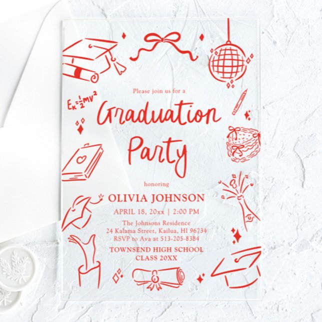 Modern Whimsical Hand Drawn Bow Graduation Party Acrylic Invitations (Modern Whimsical Hand Drawn Bow Graduation Party Acrylic Invitations)