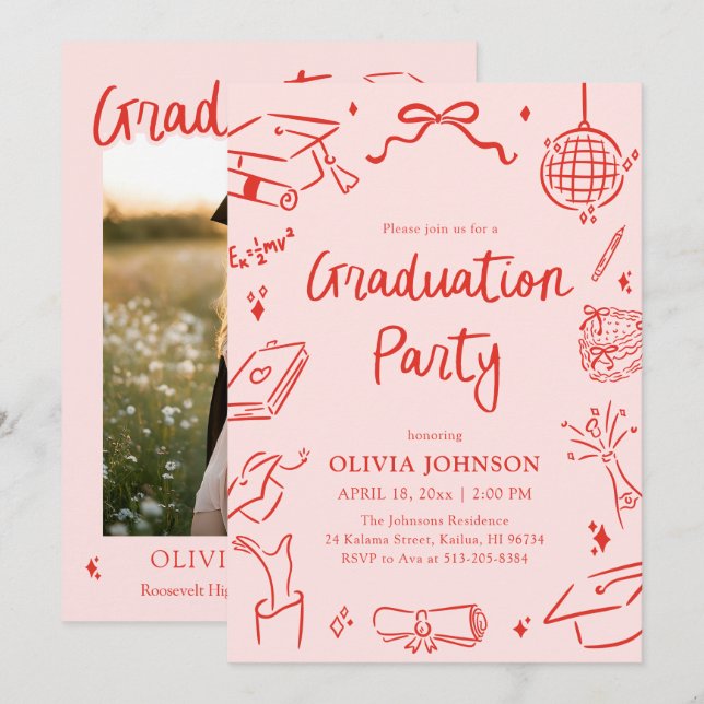 Modern Whimsical Hand Drawn Bow Graduation Party Invitation (Front/Back)