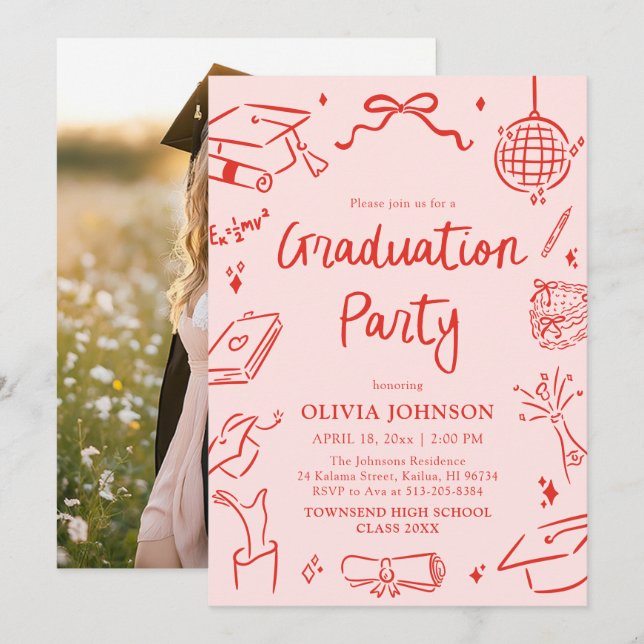 Modern Whimsical Hand Drawn Bow Graduation Party Invitation (Front/Back)