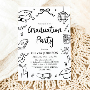 Modern Whimsical Hand Drawn Bow Graduation Party Invitation