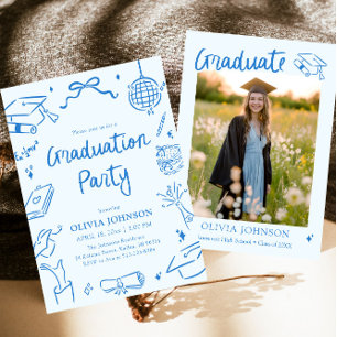 Modern Whimsical Hand Drawn Bow Graduation Party Invitation