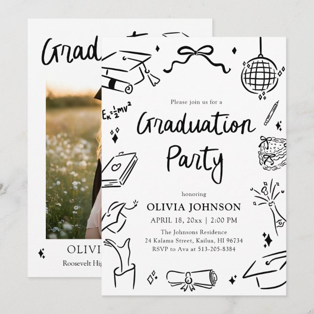 Modern Whimsical Hand Drawn Bow Graduation Party Invitation (Front/Back)