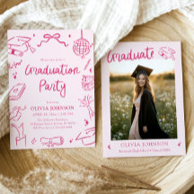 Modern Whimsical Hand Drawn Pink Graduation Party