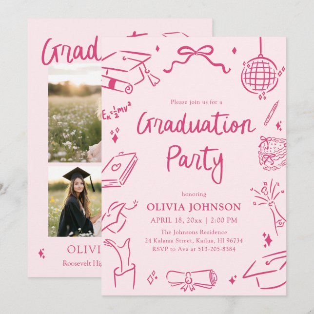 Modern Whimsical Hand Drawn Pink Graduation Party Invitation (Front/Back)