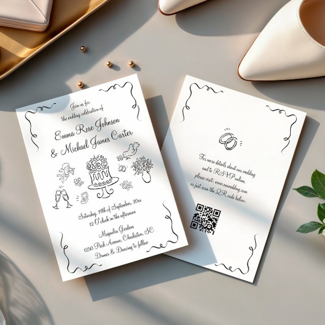Modern Whimsical Hand Drawn QR code Wedding Invitation (Creator Uploaded)