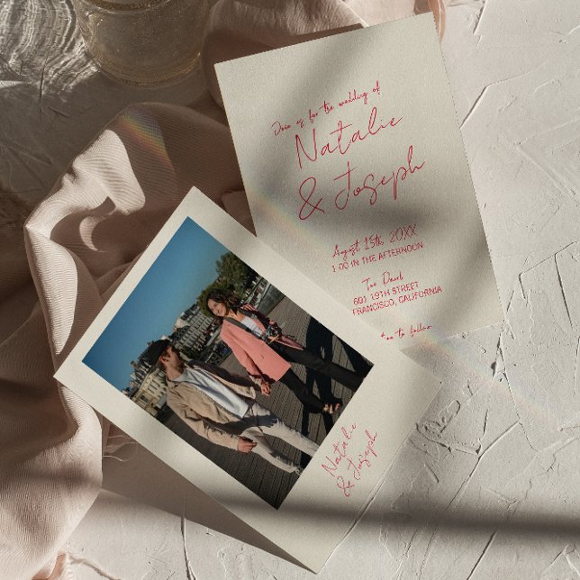 Modern Whimsical Hand-Written Retro Photo Wedding Invitation (Creator Uploaded)