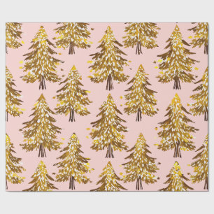 modern whimsical holidays trees gold pink pattern wrapping paper