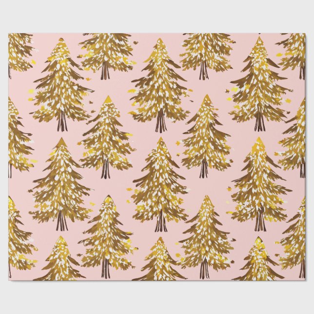 modern whimsical holidays trees gold pink pattern  wrapping paper (Seam)