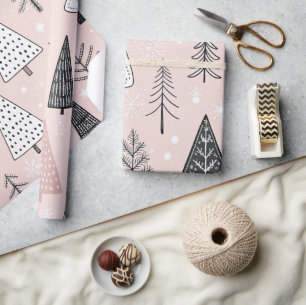 modern whimsical holidays trees pink pattern wrapping paper