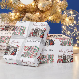 Modern Whimsical Holly Jolly Christmas Name  Wrapping Paper