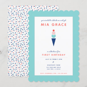 Modern Whimsical Ice Cream in Aqua Blue Invitation
