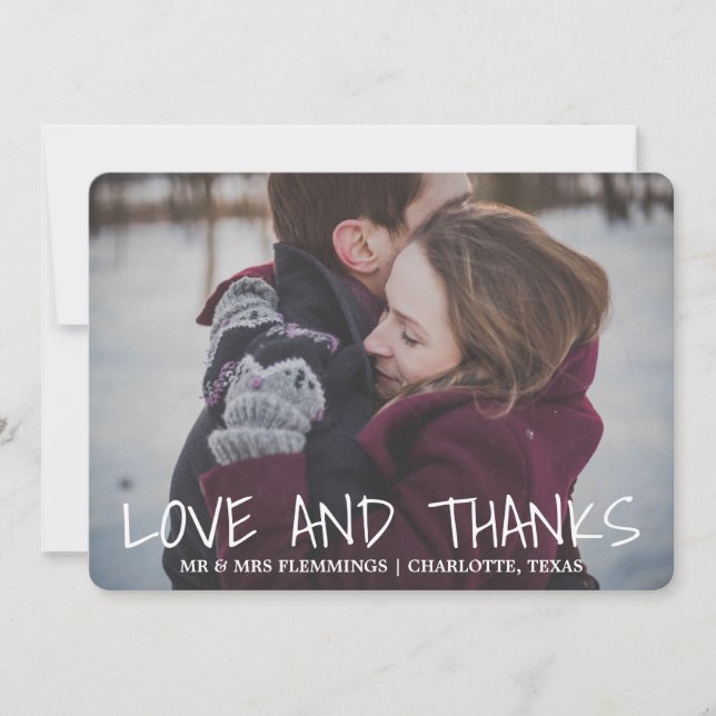 Modern Whimsical Love & Thanks Wedding Photo Thank You Card (Front)