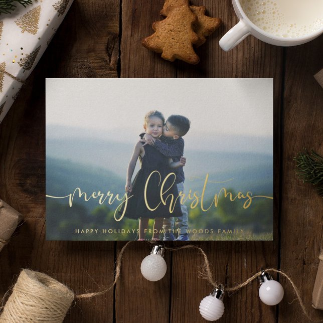 Modern whimsical Merry Christmas family photo Foil Holiday Card (Creator Uploaded)