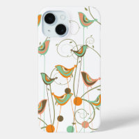 Modern Whimsical Orange Aqua Summer Birds Swirls