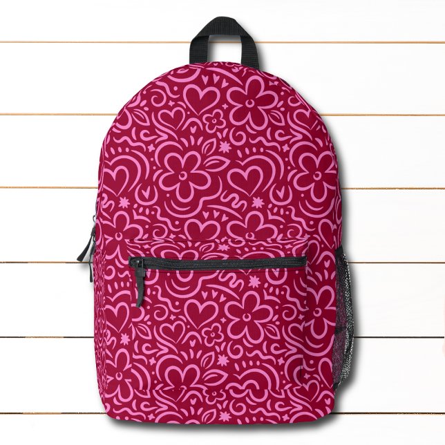 Modern Whimsical Red Pink Flower Heart Doodle Printed Backpack (Creator Uploaded)