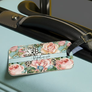 Modern Whimsical Roses And Clocks Pattern Blue Luggage Tag