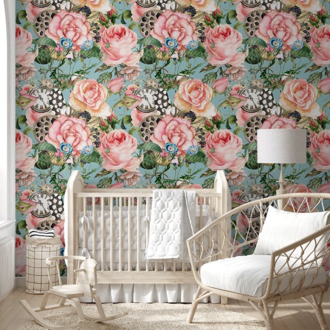 Modern Whimsical Roses And Clocks Pattern Blue Wallpaper (Kids)