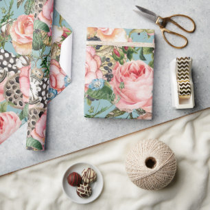 Modern Whimsical Roses And Clocks Pattern Blue Wrapping Paper