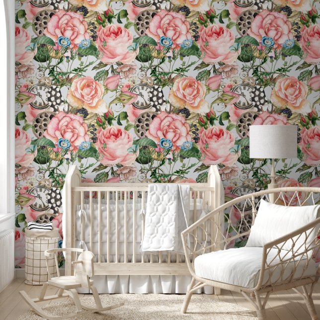 Modern Whimsical Roses And Clocks Pattern Grey Wallpaper (Kids)