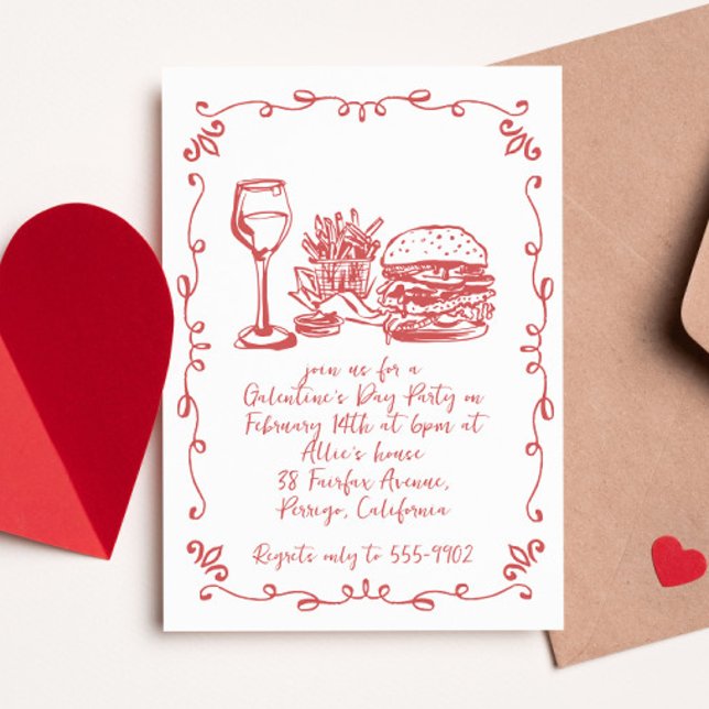 Modern Whimsical Wine Burger Galentine's Day Party Invitation (Creator Uploaded)