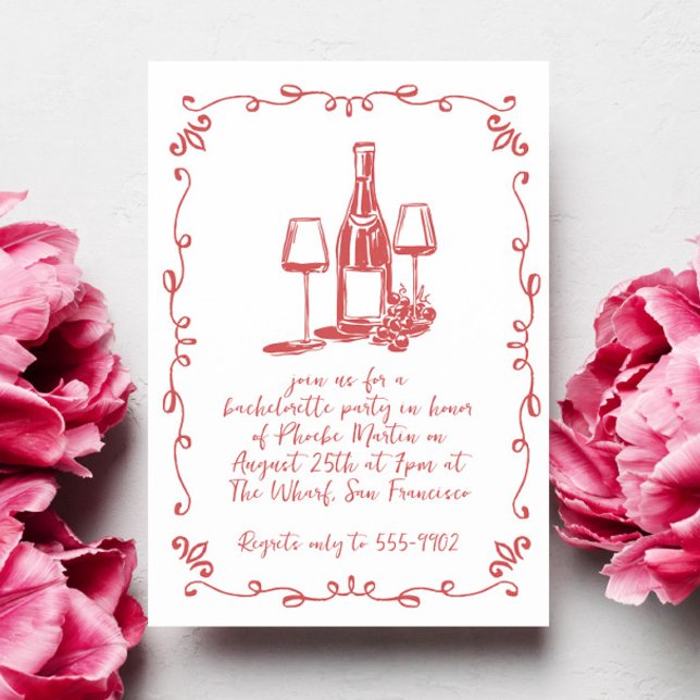 Modern Whimsical Wine Doodle Bachelorette Party Invitation (Creator Uploaded)