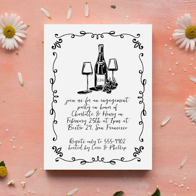 Modern Whimsical Wine Doodle Engagement Party Invitation (Creator Uploaded)