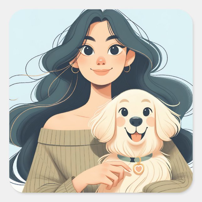 Modern Whimsical Woman and her Dog Square Sticker (Front)
